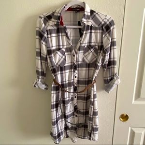 Belted plaid shirt dress